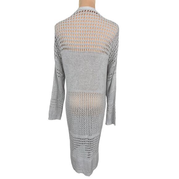 Women’s Large Light Gray Open Knit Longline Duster Cardigan Lightweight Boho - Picture 3 of 4